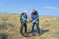 Two people wearing backpacks and work gloves roll up a strand of barbed wire in an open, shrubby landscape.