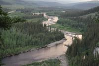 A river winding through green pine wilderness in Alaska