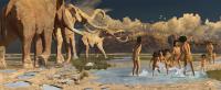 Native American children playing the puddles of water next to big mammals. 