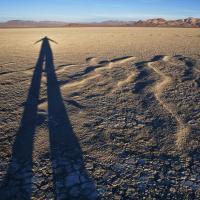 a man's shadow on a desert playa