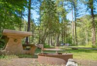 A fire pit and and picnic table in a forest campground.