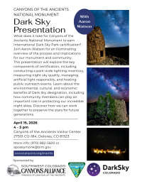 Flyer advertising a dark sky presentation at Canyons of the Ancients National Monument on April 15, 2026.