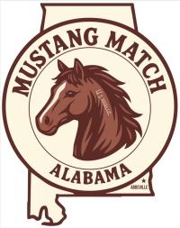 Graphic in the shape of Alabama with a horse on it surrounded by the logo Mustang Match Alabama