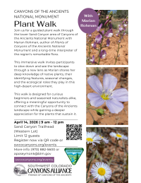 Flyer for a guided plant walk April 14, 2026 at Canyons of the Ancients National Monument.