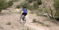 A mountain biker rides away from the camera up a winding dirt trail through a dry, hilly landscape. The rider wears a helmet, blue jersey, black shorts, and a hydration pack. The terrain is dotted with shrubs, scattered trees, and rocks under an overcast sky.