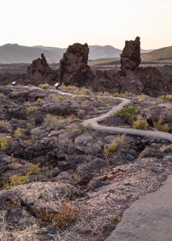 Hikers on North Crater Flow Trail at sunset