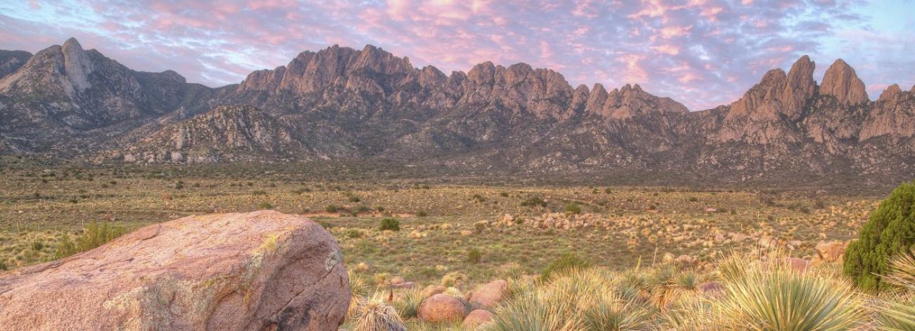 The steep, angular mountain range against a clear blue sky at Organ Mountains-Desert Peaks National Monument.