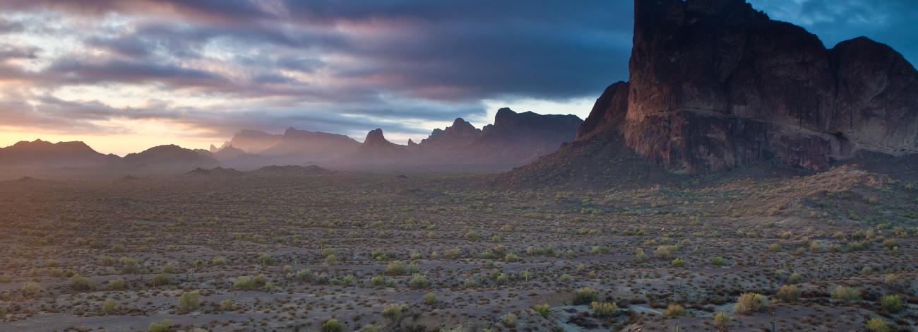 The Eagletail Mountains Wilderness in Arizona, with a cloudy horizon in the background and mountains in the foreground.