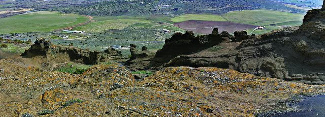 Landscape of North Menon Butte showing rocks, green fields and hills at the horizon.