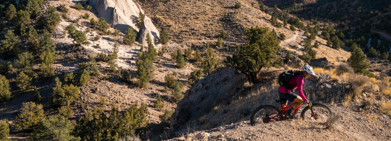 A mountain biker makes their way up a steep trail surrounded by pinyon juniper hills