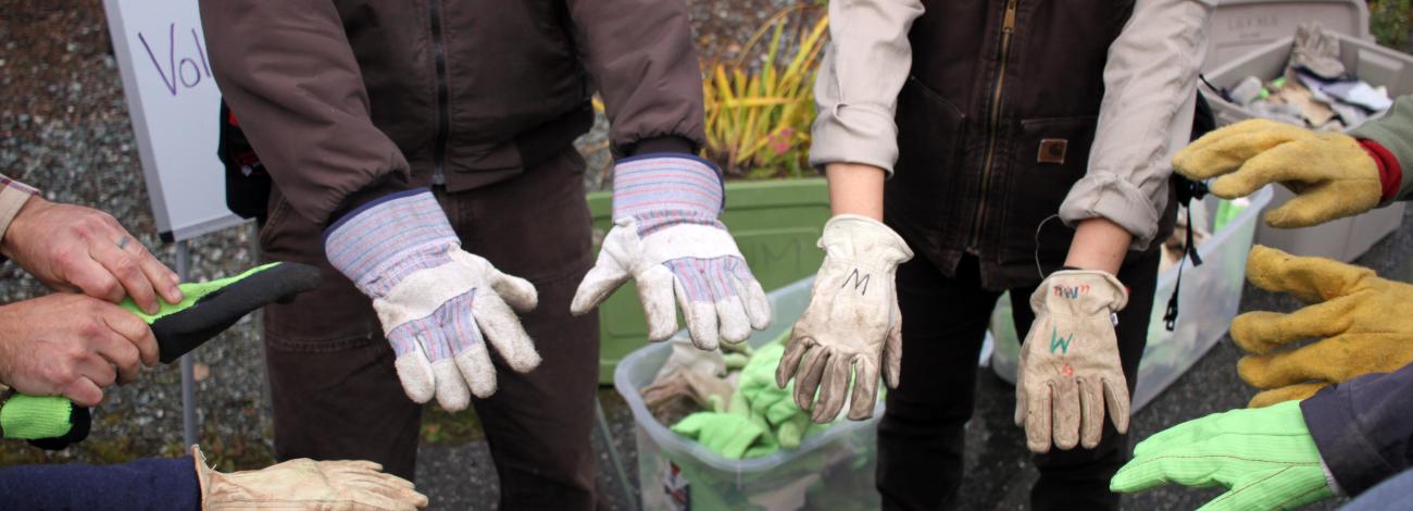 Gloved hands reach into the center of a group