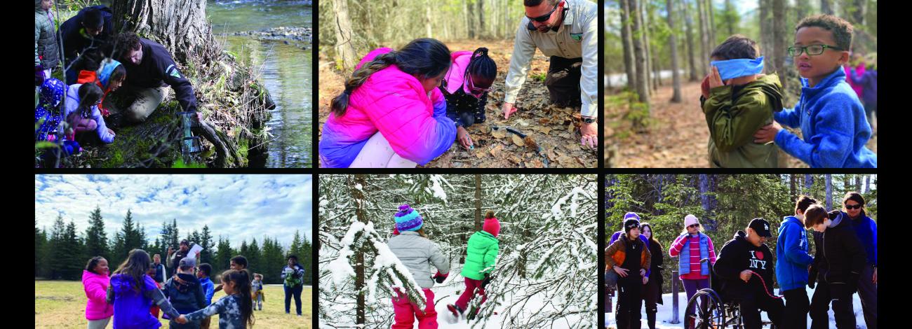 Six photos. Students by the creek, looking at the forest floor, playing a blindfold games, standing in a circle, snowshoeing, and heading inside CCSC.