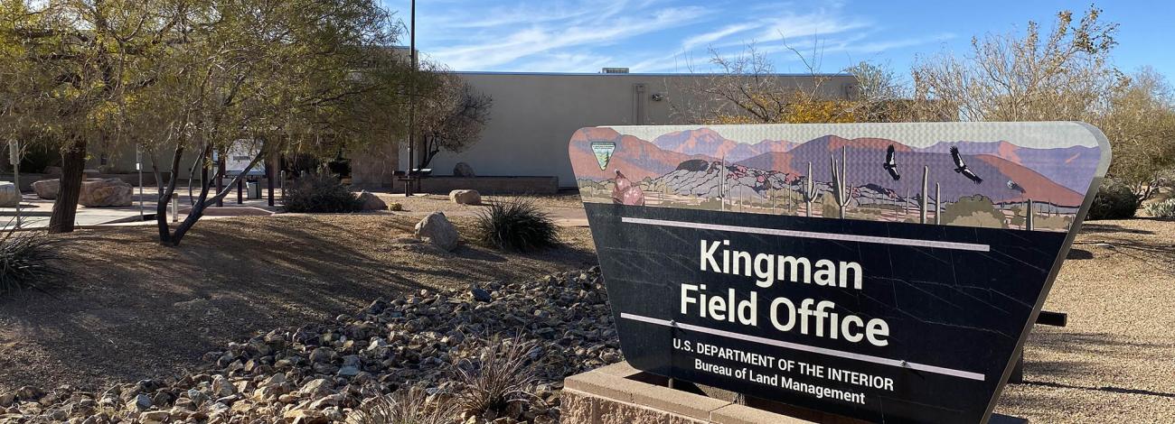A sign in front of an office building surrounded by desert plants.