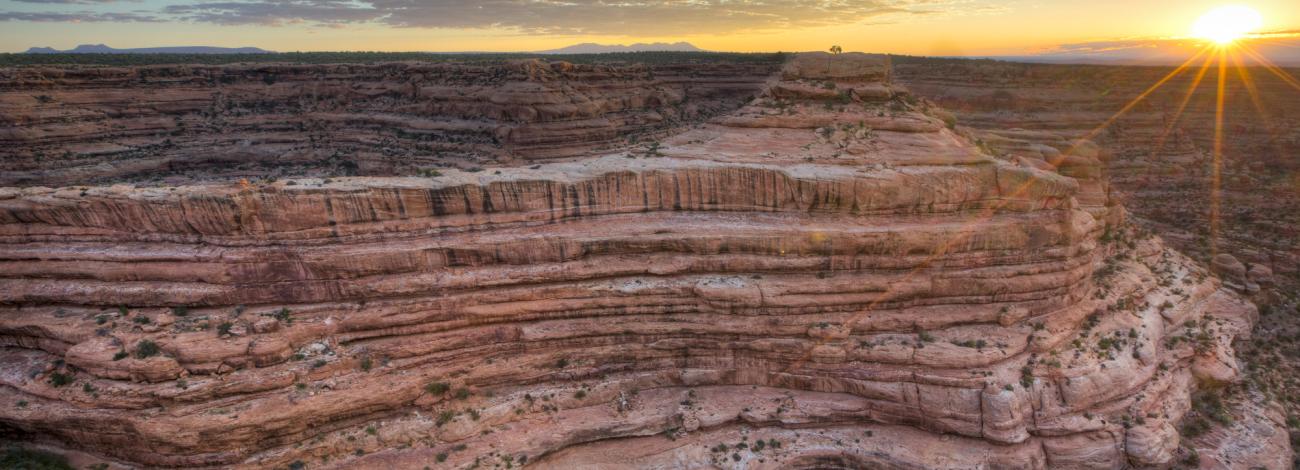 The sun rises over a vast canyon.
