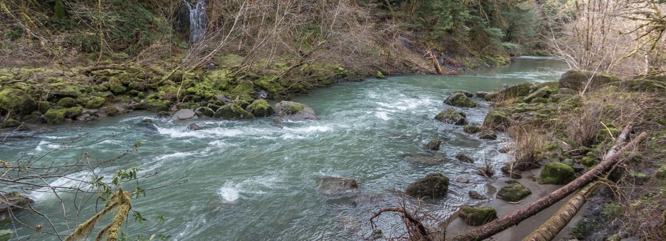 Riverside view at the Sixes River Recreation Site, with small waterfall in the background