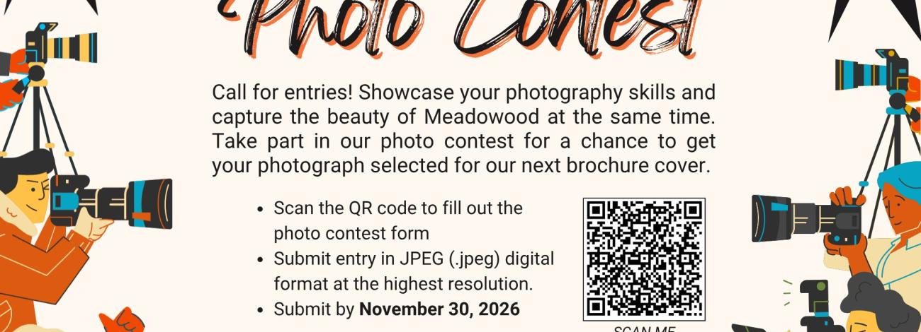 Poster announcing the “Meadowood Photo Contest,” inviting entries by November 30, 2026, with QR code and email submission details.