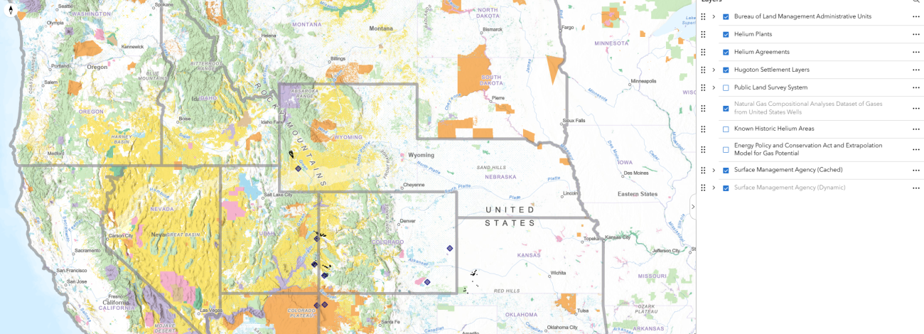Screen shot of BLM Helium web map tool with land status, helium plants, and helium development areas indicated with layers panel open.
