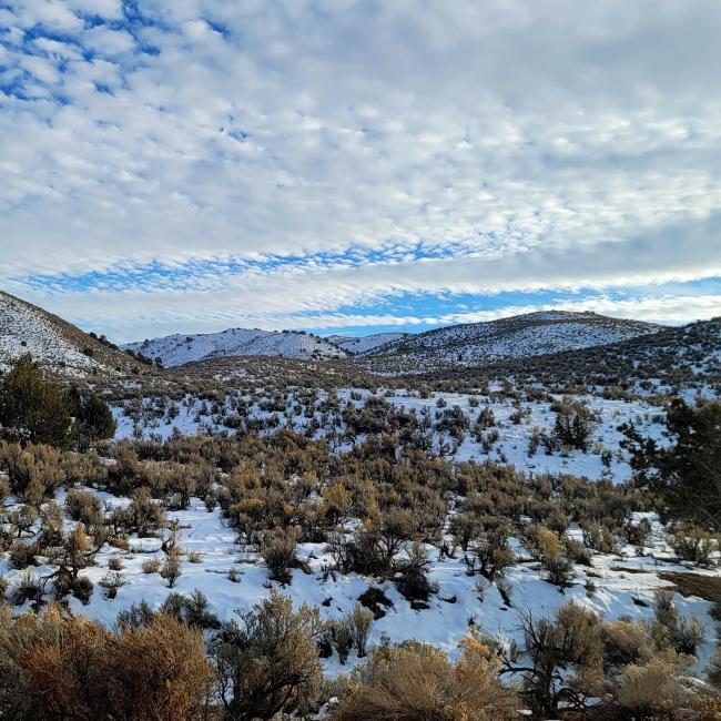 A view of a mountain over a snow-covered rangeland