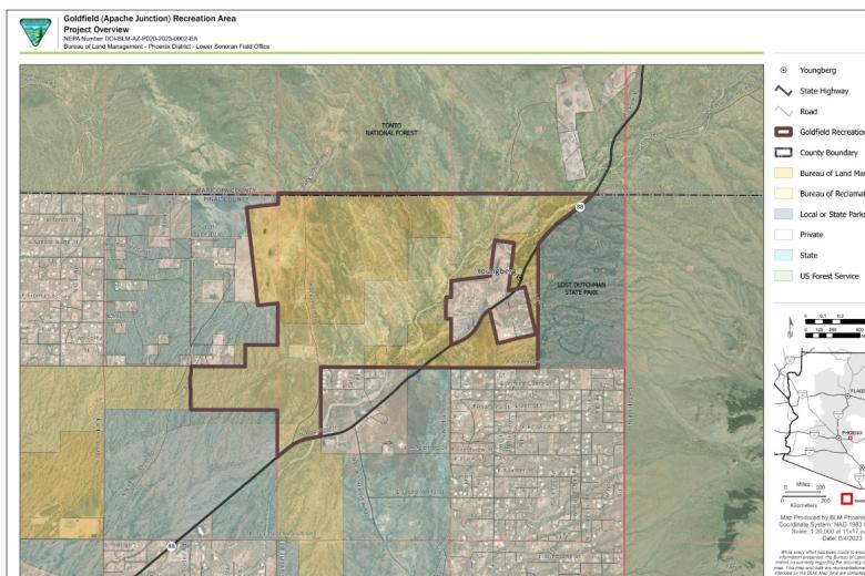 a map showing the project location for the Goldfield (Apache Junction) Recreation Area along State Route 88, south of Tonto National Forest, and west of Lost Dutchman State Park