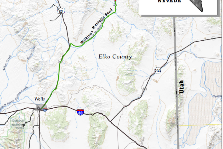 Map showing Elko County, Nevada, with a small red rectangle shown north of the city of Wells and south of the Idaho border along Wilkings Montello Road.