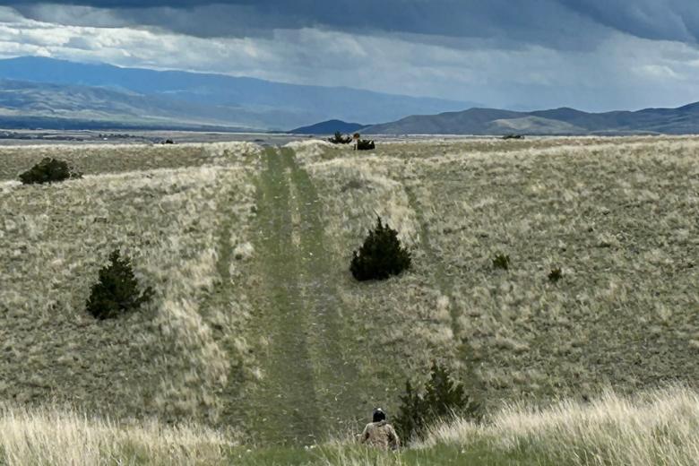A photo of rolling hills with mountains in the background.