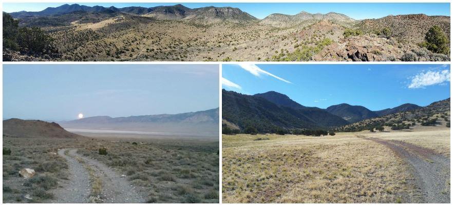 A collage of three landscape photos of the Wah Wah Mountains.