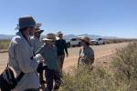 Institute for Applied Ecology Botanist Liz Plazewski teaches about the common Chihuahuan Desert shrub Flourensia Cernua to (Left to right) crew members Colin McKenzie, crew lead Marco Donoso, U.S. Geological Service contractor Gayle Tyree, and crew member Robbie Leonard.