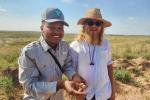 ACE interns Matt Jackson and Connor Stamps pose with a Texas horned lizard.