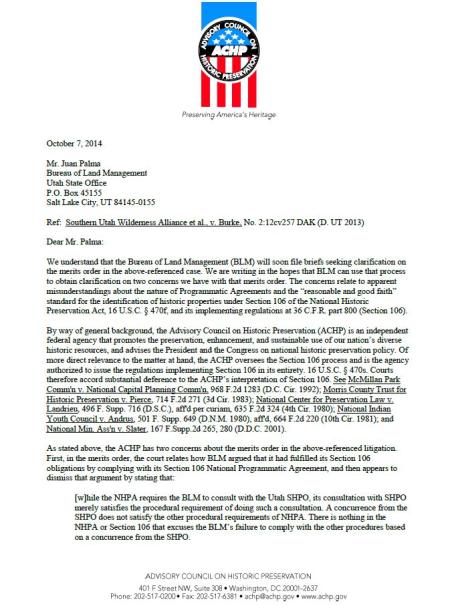 Advisory Council on Historic Preservation's October 2014 letter.