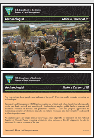 Two sided card describing careers in BLM archaeology