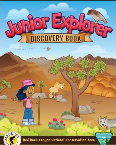 Thumbnail of Junior Explorer workbook showing cartoon of smiling person waving wearing a hat and backpack surrounded by red rocks and desert plants and animals