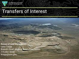 Across the top the words "Transfers of Interest" appear in white on a black background with white topographical lines. Most of the screen is taken up by an aerial photo of a large open pit mine.