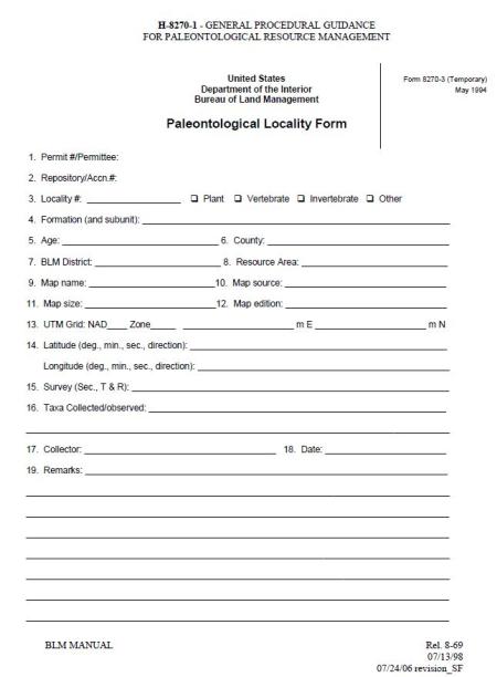 Paleontology locality form H-8270-1