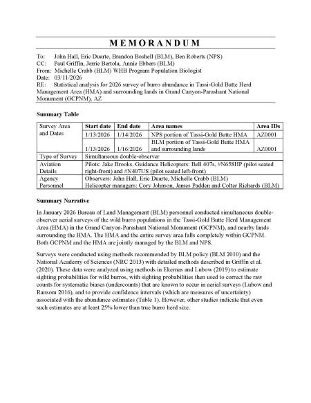 Cover of a memorandum detailing 2026 burro population survey in Tassi-Gold Butte Herd Management Area with dates, survey types, and agency contacts.