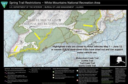 Map of the trails with temporary spring trail restrictions. No motor vehicles May 1 - June 15. 